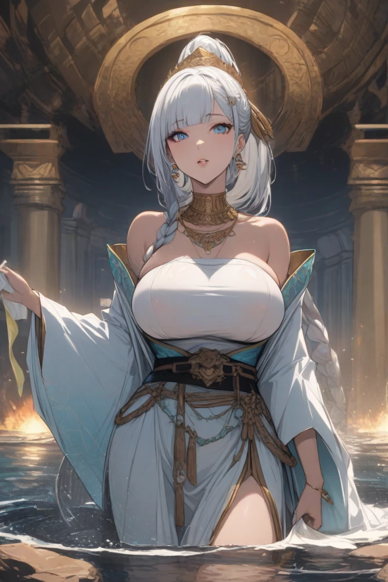 anime, woman, Onee-san, adult woman, mommy, solo, long hair, layer hair, Side Parting hair, no ponny, grey hair, purple eyes, model, beautiful, half body potrait, arabian clothes, mesir, desert, harem pants, tube top, smile, shawl, headpiece, jewelry, polite, soft smile, queen, big breast