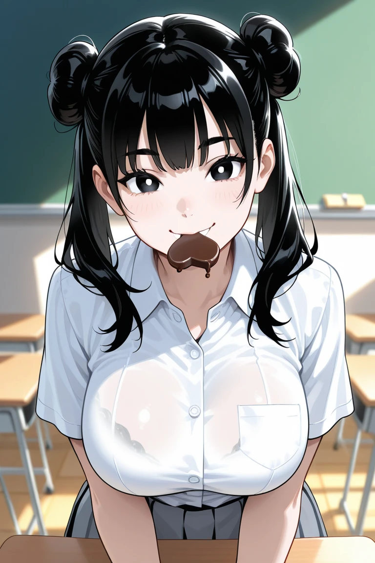(masterpiece:1.5),(best quality:1.5),(8K:1.3),(ultra detailed:1.3),(ultra high resolution:1.3),(highest detailed and realistic skin:1.2),(highest detailed and beautiful slant blue eyes:1.2),(slender body naked girl:1.1),(in the classroom:1.2),(sunlight from the window:1.5),(hard fellatio:1.5),(deepthroating:1.5),(cum in mouth:1.3),(handjob:1.3),(pov hands,grabbing head:1.2),break,(beautiful clear eyeliner:1.2),(beautiful eyeshadow),natural lip,(white short sleeve school collared shirt:1.4),break,(black double bun hair without hair tie:1.3),break,(cum on cleavage:1.2),(big naked breasts),(amaized:1.3),(ecstasy:1.4),(trembling:1.6),(sweat:1.2),(steam:1.2),(tears:1.2),(drunken eyes:1.6),(movement:1.5),spoken heart,from side