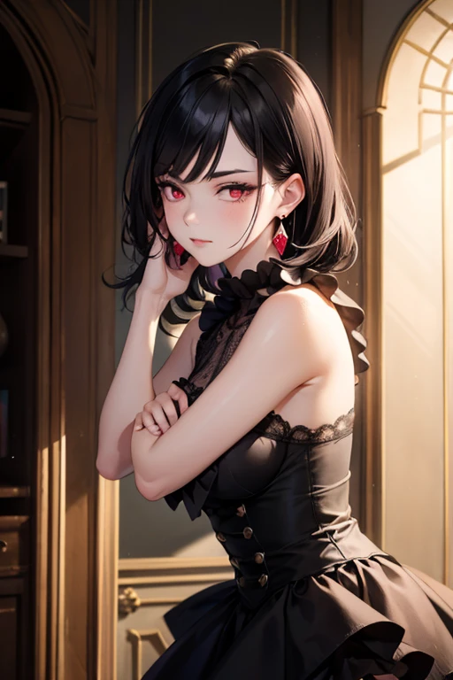 "defKale, black eyes, ponytail, crop top, bracer, red skirt, tight black thigh highs, bracelet, jewelry, bare shoulders, panties, looking at viewer, blue eyes, closed mouth, lingerie, high-resolution, ultra-detailed, realistic, vivid colors, portraits, warm tone lighting"