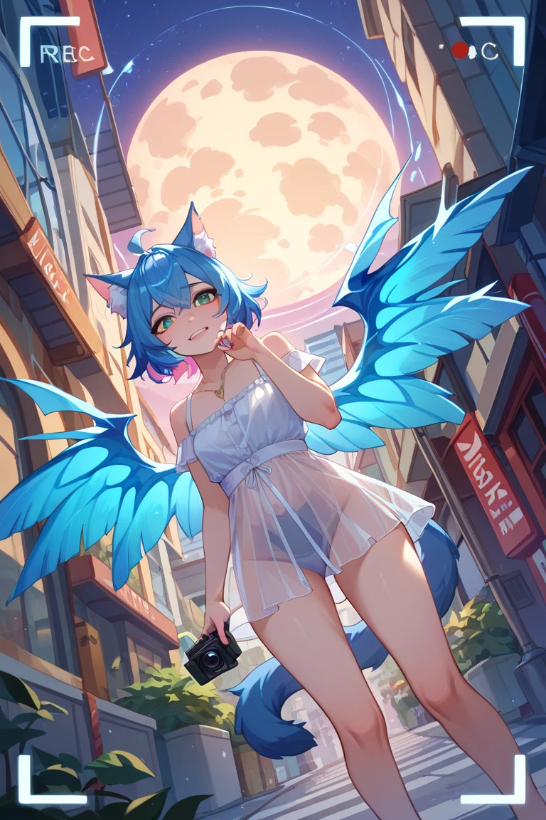 A big breasted, naked, blue-haired girl with animal ears masturbating with a vibrator and making an ahegao face