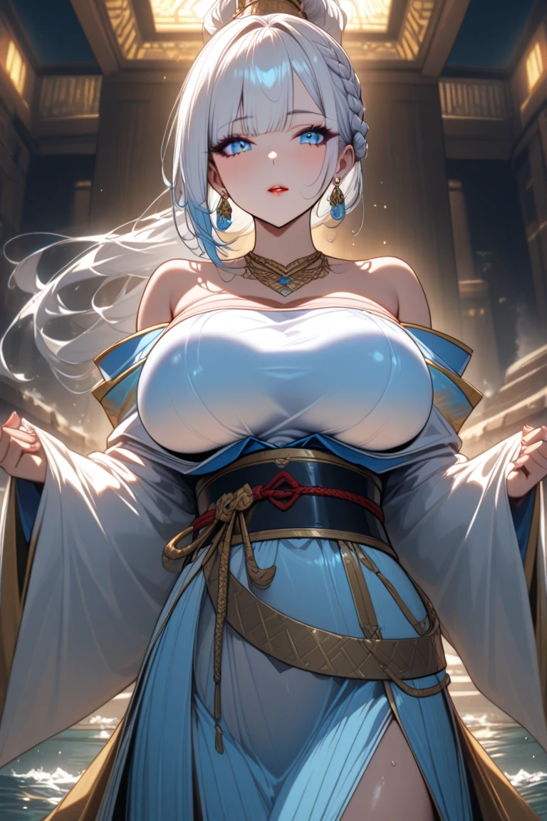 Adult woman, short white hair, blue eyes, ssmile, blue lipstick, The Queen's Transparent Dress, Gold Elements, Sleeveless, large breasts, open breasts, neckline on the chest, hiquality, 4k, HD, Good detail