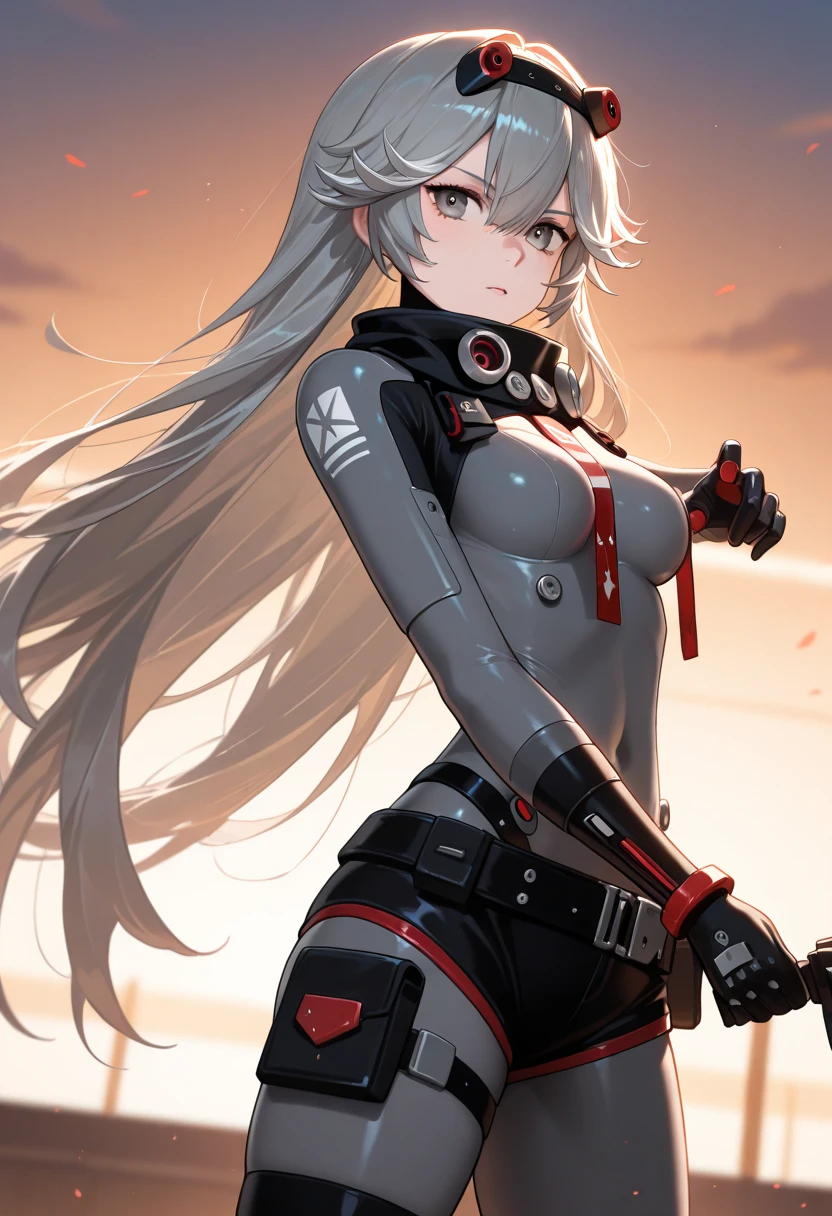 masterpiece), best quality, expressive eyes, perfect face, young adult, female, 1girl, bright blue eyes, long white hair, cyberpunk, red bikini, red lips, cute smile, volumetric lighting, black boots, thigh socks