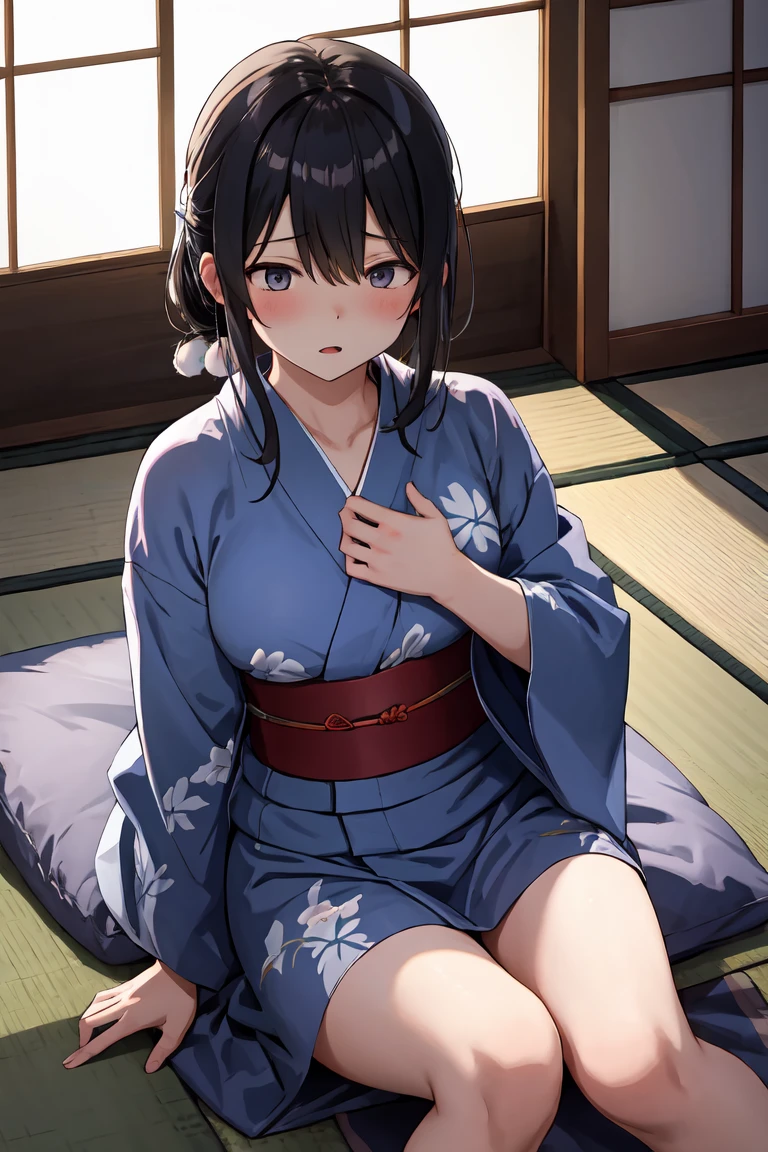 NSFW,1 girl,胡butterflyしのぶ、Animal print、Black Hair、butterfly、butterflyのhair ornaments、butterflyのプリント、amount、Gradient Hair、hair ornaments、Haori、Multi-colored hair、Parted bangs、Purple Hair、short hair、Two-tone hair、Oiran,High-quality Japanese clothing,(Perfect hands),(Perfect Anatomy),(masterpiece),(highest quality),Embarrassed,blush,Japanese-style room at night,futon