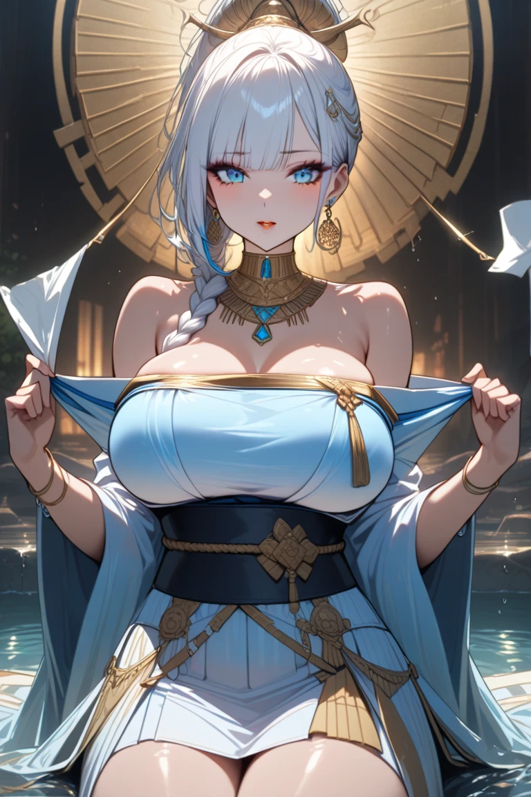 Big chest,no clothes are worn,whaite hair,white skinned,long braid,Blue eyes,Look up,Fine,tmasterpiece,Need