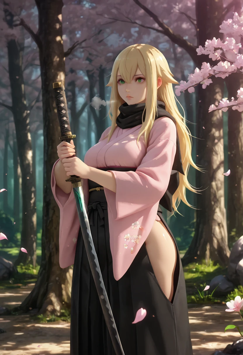 , epic, sparkle, particles , glowing,ember, neon lighting, (anime coloring, anime screencap), shiny skin, (Tokyo ghoul-style:1.5), ((anatomical correct)), ((Cinematic, unreal engine, eye-catching, ambient occlusion, UHD, masterpiece)), ((perfect lighting, dappled sunlight, soft shadow)), perfect body, perfect eyes, perfect fingers, gasping, heavy breathing, gasping profusely, ((skindentation)), ((curvy)), hair flaps, hair between eyes, long hair, blonde hair, green eyes, plump, 1girl, weapon, sword, solo, japanese_clothes, holding, katana, holding_weapon, holding_sword, cherry_blossoms, hakama, kimono, looking_at_viewer, scarf, forest, flower, skirt, pink_kimono, outdoors, nature, glowing, closed_mouth, sash, black_hakama, petals, hakama_skirt, obi, tree, ninja