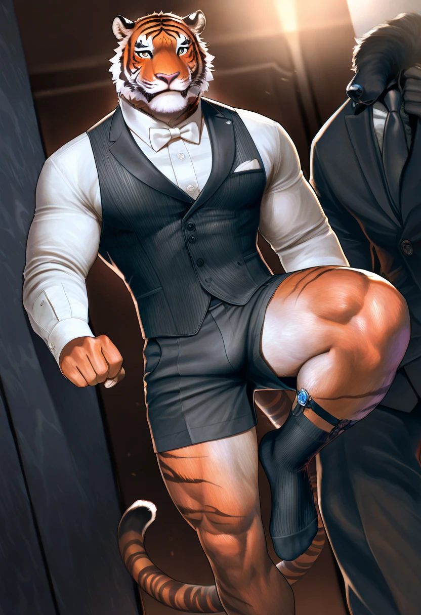 ((full body:1.4)),((Highest quality)), ((masterpiece)), (detailed), (Very fine fishnet stockings),(Voluptuous body),(shiny white gloves),(Turn your body forward),(Button up your dull black sleeveless vest),One man, human,Japanese,Plump head,Chubby,Cartoon character close-up, Fat,obesity,Stubble,Completely naked,A sleeveless shirt under the vest, (software) Safe at Work, Shaved Head,Voluptuous body,Fluffy breasts, fluffy arms,tuxedo, Wearing a vest and a red bow tie, Gigachad Muscle, ,Nipples are not see-through,Attention to detail iconic character, High resolution consignment, Upper body naked :: Attention to detail, Muscular magician man,Shiny black leather short swimsuit,Wearing black fishnet stockings from knee to toe,shiny black boots,ブーツをdetailedに描写,Long boots,Stylish, ヒューdetailed, Hairy Chest,Standing with your legs apart,Put on white gloves, Wear fishnet tights,Plump legs,Pink ber,Illuminated by pink lighting,Grin,fat,Comic Style Sheet,sense of cleanliness