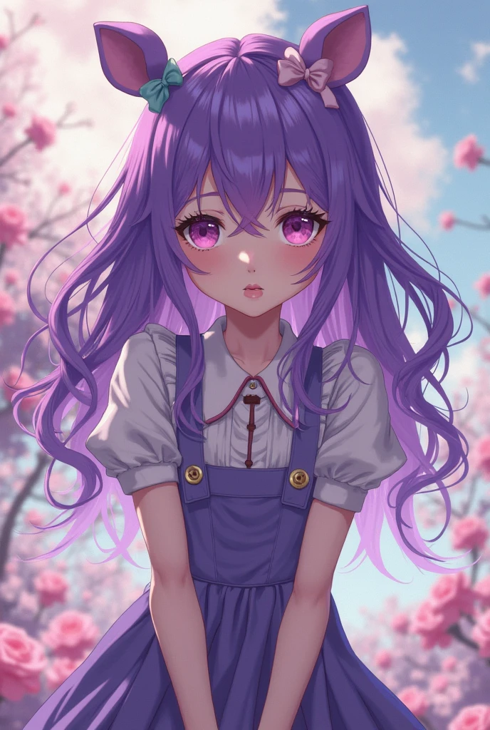 Please remember the following details: - Best quality, 4k, 8k, high resolution, masterpiece: $1.2 - Ultra-detailed, realistic anime portrait of a teen petit girl - The girl is wearing blue underwear and knee socks - She has beautifully detailed eyes, lips, and face - Long eyelashes, soft pink cheeks, and cute purple hair - She has an adorable smile and a playful expression, with a slightly tilted head - The portrait includes freckles and delicate features - It features natural lighting and a soft color palette - The background is blurred with a subtle bokeh effect - The overall effect is a studio painting - The girl is not wearing any shoes - small cloths