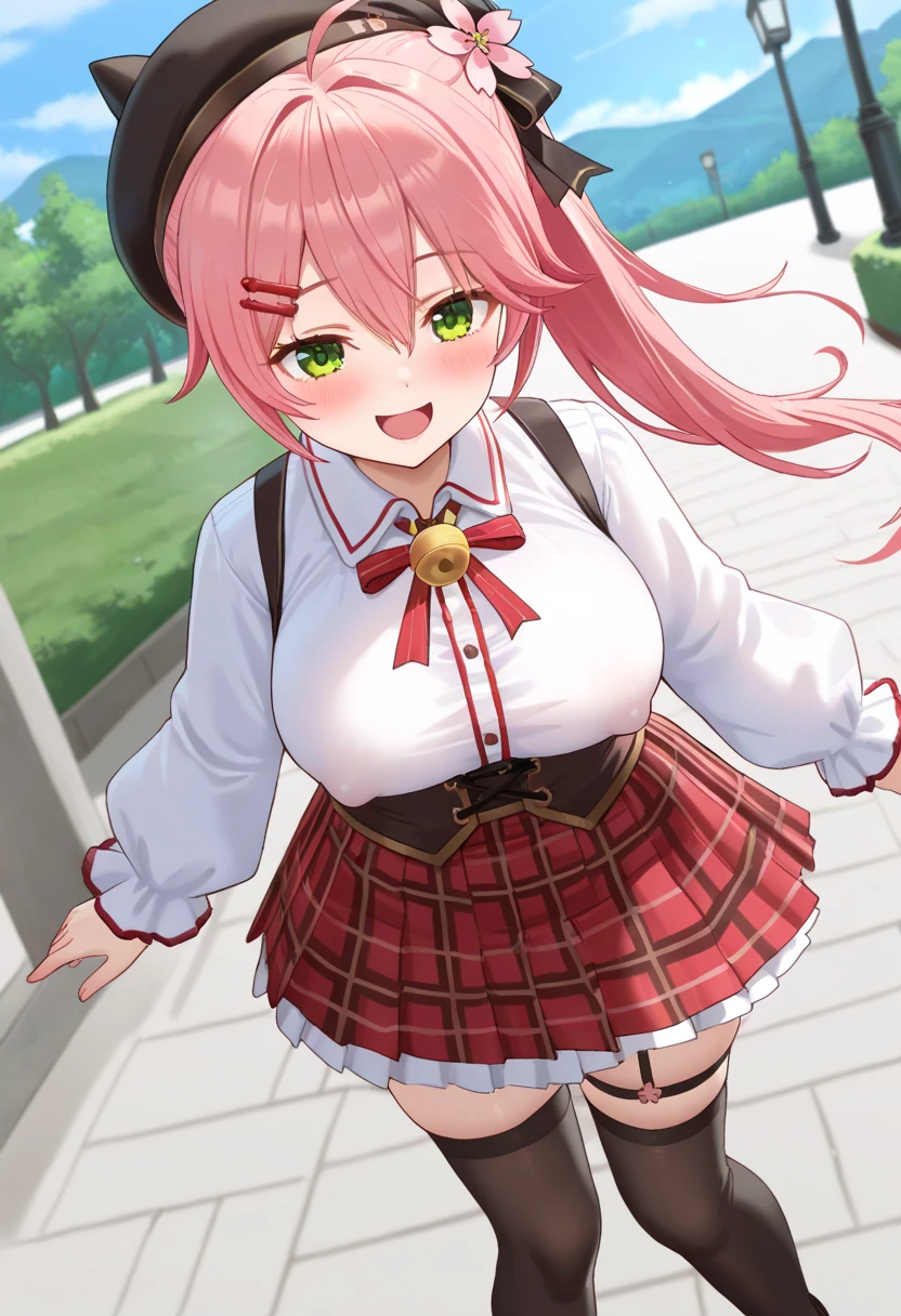 masutepiece, Best_Quality, hight_resolution, miko2,Ponytail, 1girl, Ahoge, black headwear, Hair Ornament, White shirt, black thighhighs, Pink hair, Red_skirt, very_short_skirt, plaid skirts, garter_strap, Collared shirt, hair clips, frilld, Bangs, hair between eye, frills skirt, beret, Pleated skirt, Hair Flower, Neck bell, , puffy long sleeves, Black bow, Underbust, Smile, (large_breasts:1.3),covered_nipples, green_eyes, happy, dynamic_angle,spread_legs,(big_smile:1.2),plump,open_mouth,shout,half_eyes,cherryblossom_park_landscape_background,