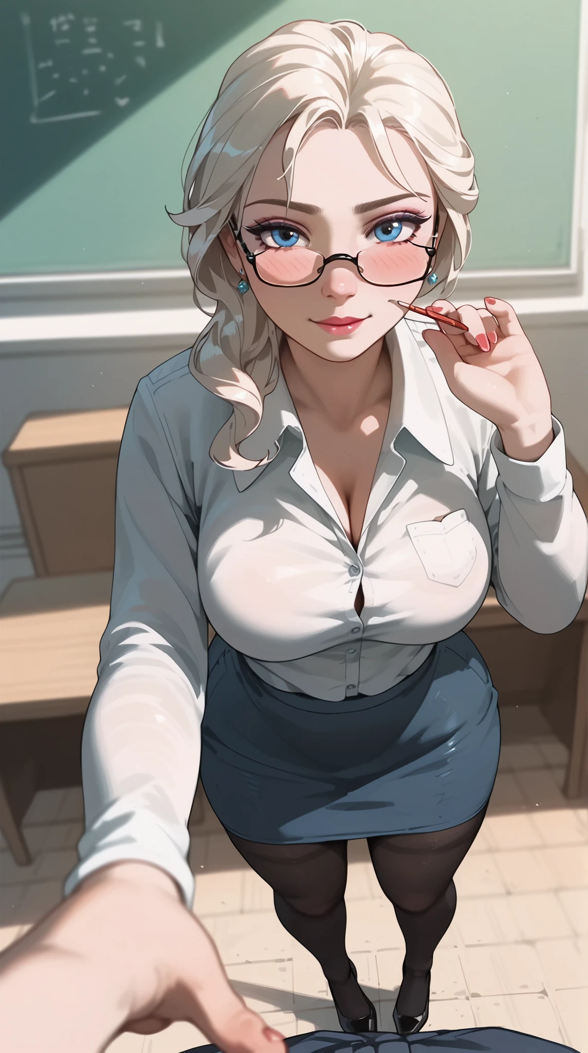 (upper body:1.2 1girl, masterpiece, best quality, ultra-detailed, illustration, finely detailed eyes and detailed face) Clothes: white pencil skirt , tight tube top white, wedding ring, Appearance: short blonde hair in a neat low bun, natural makeup, (purple eyes:1.05), white glasses, wide hips, massive breasts, alluring, motherly, at_the_CEO_office, looking at viewer, curvy, voluptuous, full body, CEO lady, (mature female, milf:1.1), solo, (curvy:1.1), big ass, thick thighs, milf, shot from above, very detail