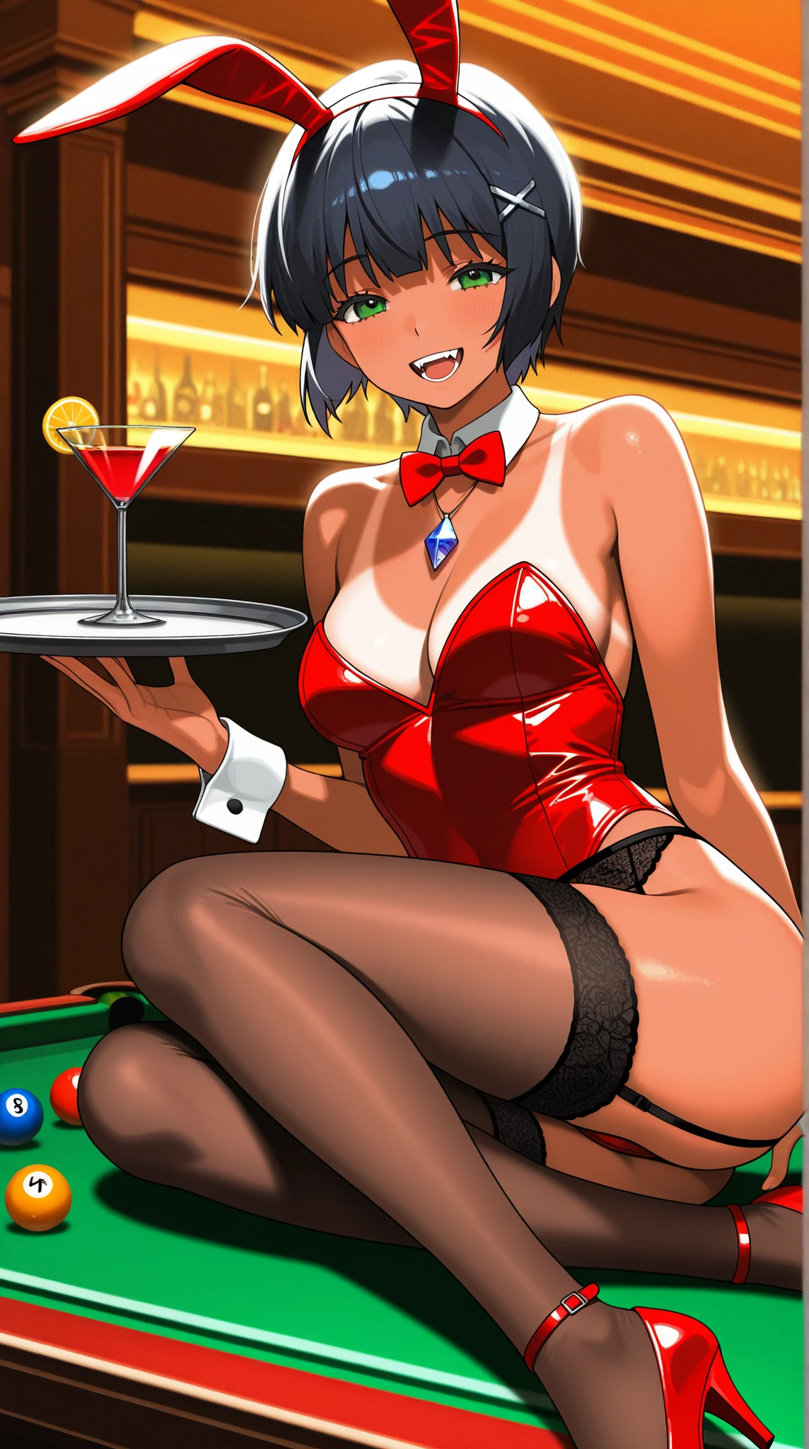 masterpiece,best quality,highres,ultra-detailed,mikazuki shizuka,pink eyes,short hair,bangs,hairclip,medium breasts,<lora:mikazuki_shizuka:0.7>,playboy bunny,casino,holding tray,embarrassed,blush,standing,