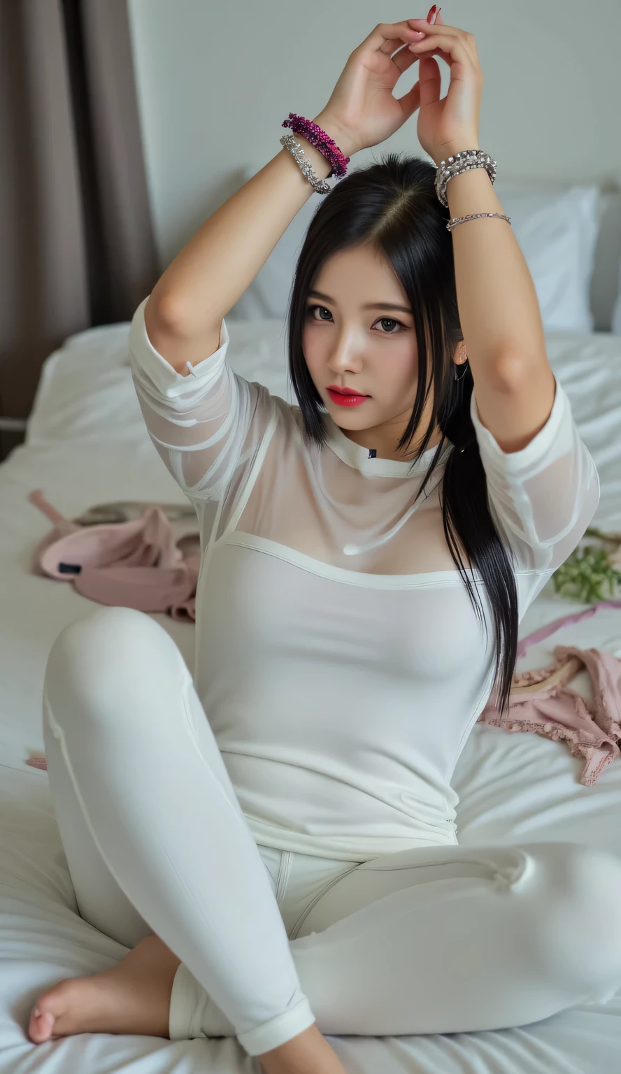 a woman, sleeping on your back in the bedroom, both handcuffed hands raised above the head, shirt looks full body, eyes looking at camera , wearing transparent white long sleeve wet muslim t-shirt, leggings in white, big size G-cup, thick red lips, seductive face, black color ponytail hair, all over wet body, bras and underwear strewn in the bedroom,