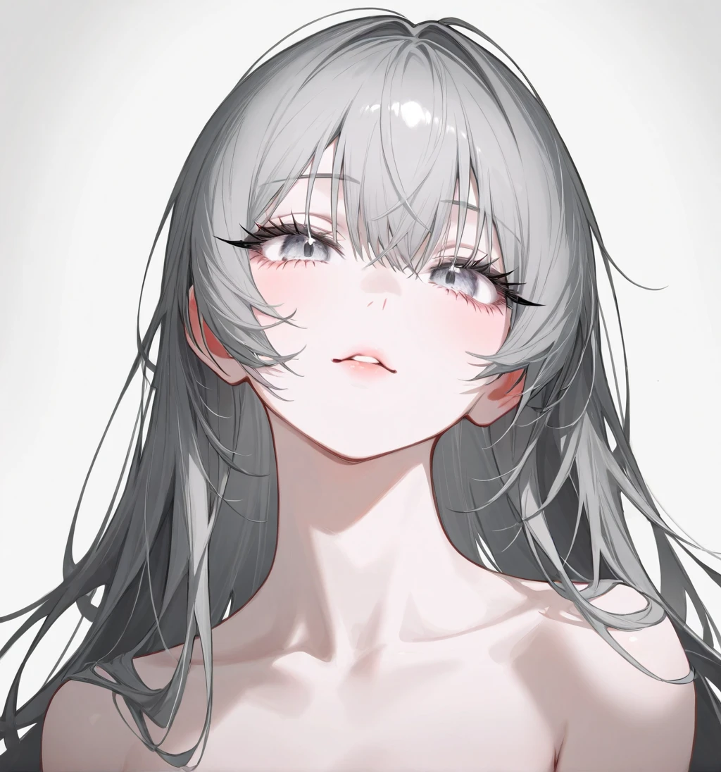 【Highest Quality, masutepiece】 [girl, Gray eyes, front facing, waved hair, camisole, Upper body ] (Gray white background:1.7), (Earring), sexy emotion, Beautiful eyes, pretty large breasts, Gray skin, Solo
