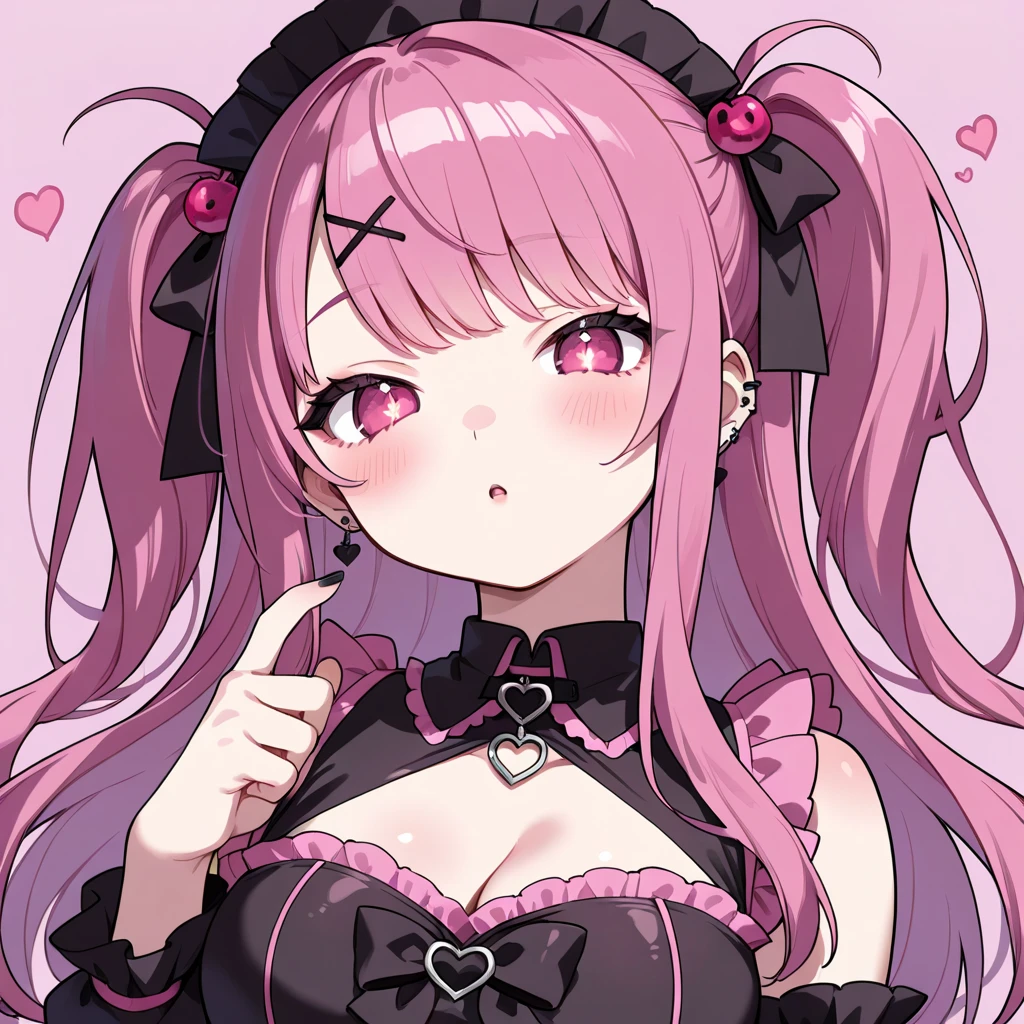 1girl,solo,tongue out,tongue,jewelry,heart,purple hair,bow,long hair,choker,symbol-shaped pupils,looking at viewer,multicolored hair,one side up,white background,heart-shaped pupils,ring,black bow,
hair bow,jirai kei,black choker,pink eyes,earrings,
simple background,streaked hair,nail polish,shirt,frills,:p,upper body,purple eyes,sleeveless,pink hair,black shirt,
+ +,sparkling eyes,Starry eyes,