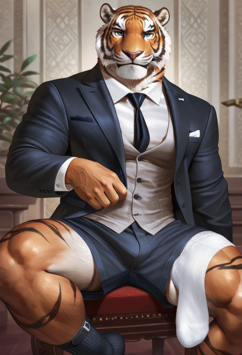 ((bara extremely handsome white tiger,)) ((white fur,)) white, wearing military like ornate trench coat, trousers, white dress shirt and necktie, white fluffy furry body and limbs, loafers, very tall, very broad shoulders, narrow waist, muscular arms, massive pecs, purple eyes, very long legs, sitting on swivel chair with legs spread, from below perspective, massive bulge, sophisticated hot look, sexy pose, full body, sunlight casting over, 3/4 view, best quality, high quality, silver earring on left ear, sultry smirk