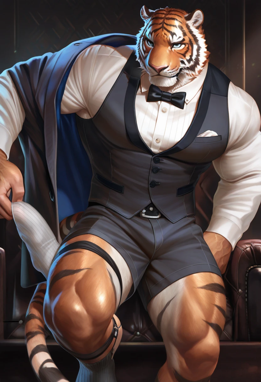 man resembling a tiger, ((Oscar_fortnite)), male wearing business clothes, charming, with a cigar in his mouth, with a large and shiny bulge posing sitting on the sofa with the angle of view of the bulge, scene in a large, modern room with staircase at the bottom to the second floor, ((with arms crossed)) by nullghost, by chunie, by Arashi_takemoto
