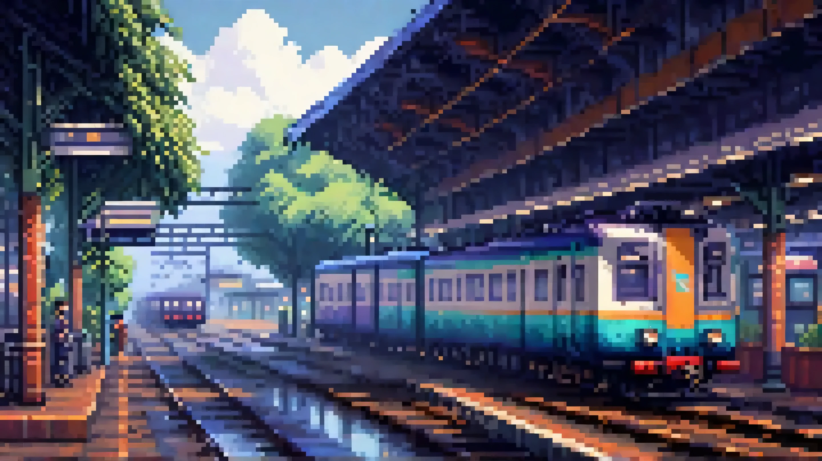 2D pixel art in retro video game style, 16-bit. A small quiet train station, a long KRL train seen from the side, no people, soft and blue tones, calm and melancholic mood