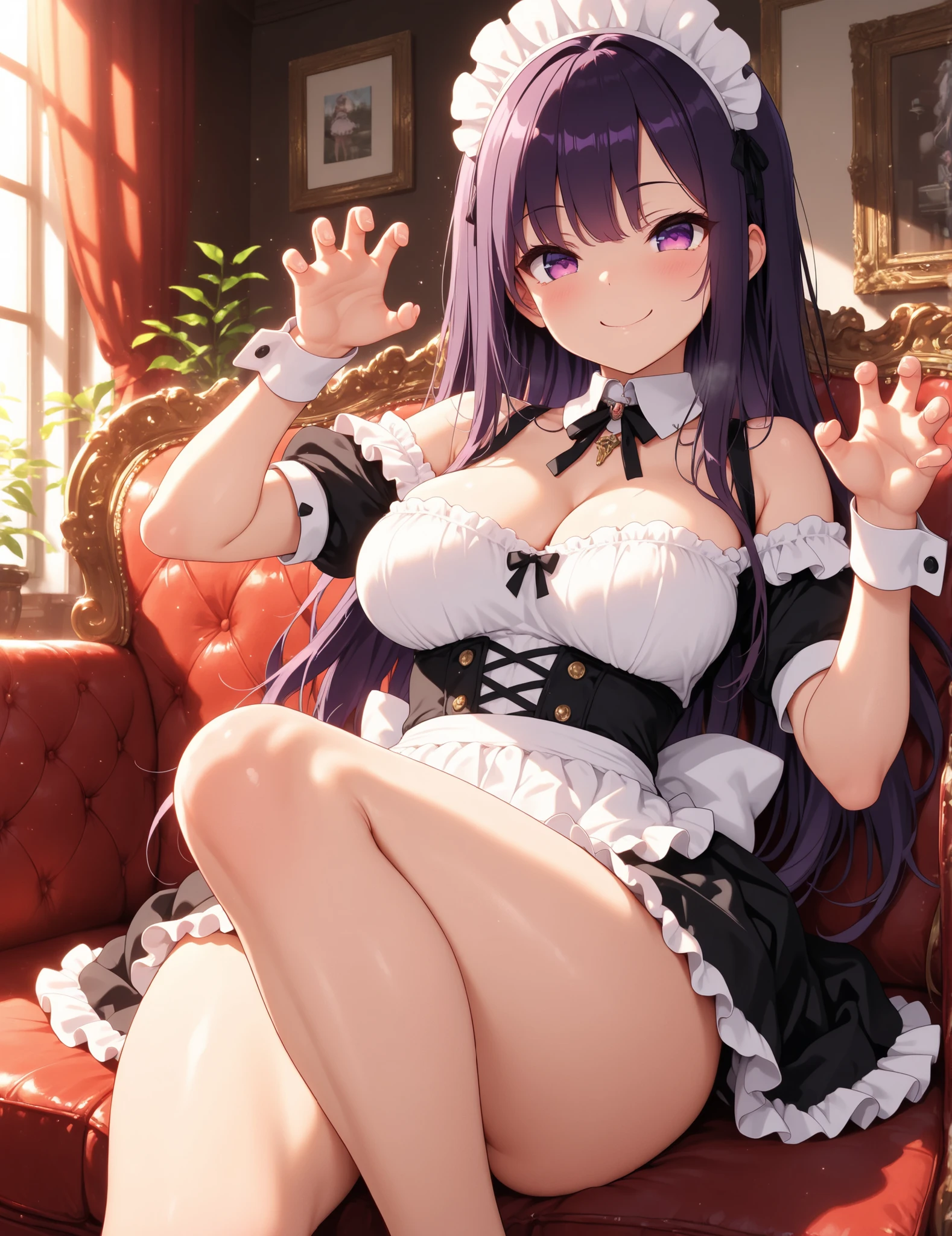 masterpiece, best quality, highly detailed, ultra high res, komi_shouko, 1girl, solo, hair ornament, purple hair, hair in a bun, bangs, glossy lips, large breasts, tighs, thighhighs thigpurple eyes, school, ballerina, white pantyhose, tutu, sitting, spread legs