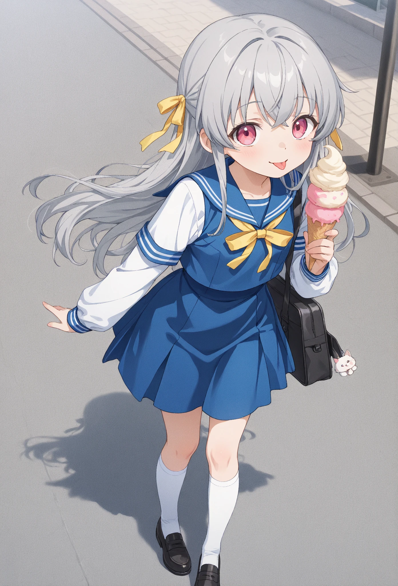 anime style、very young woman、Grey Hair、Long Hair、blue sailor suit、yellow ribbon、with 2 white lines on the sleeve、high socks、loafers、Student bag、background is a Japanese shopping street、holding dip ice cream、sticking out your tongue a little bit and licking ice cream、Smile Yan
