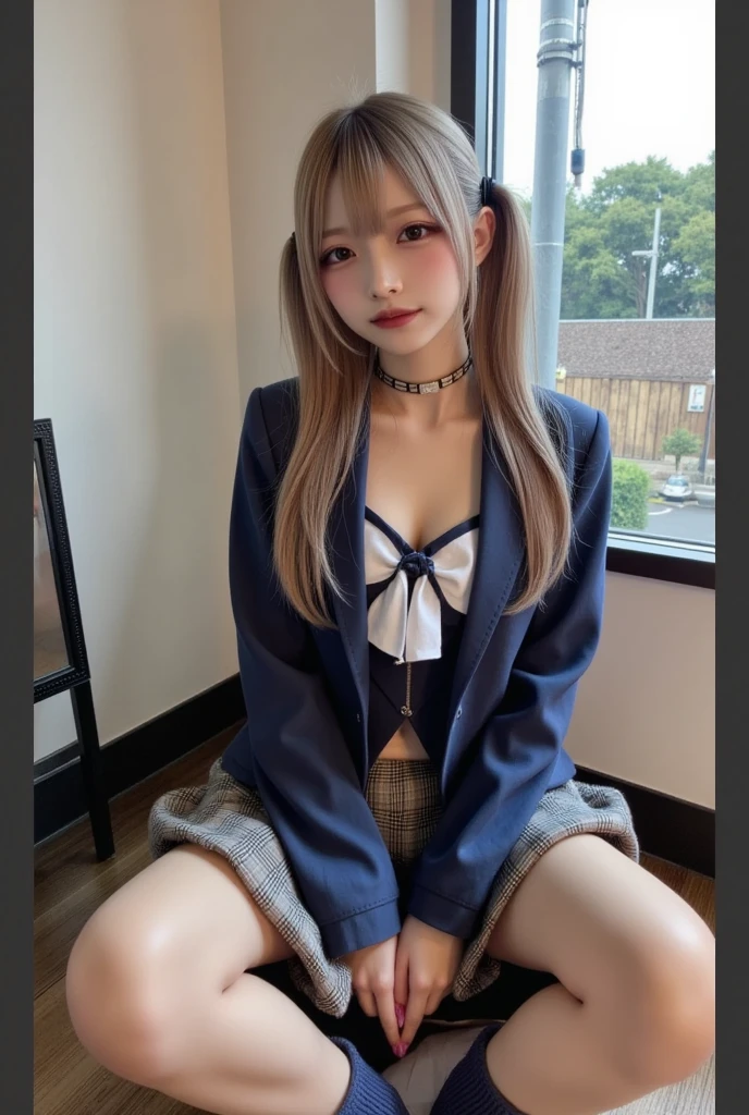 Beautiful Asian lady, Japanese, 18 years, Perfect eyes, perfect face, perfect lighting, sexy pose, White hair, Colorful wavy curls, voluminous hair, Shiny hair stands out, bang, open chest, nipples are visible, thin dress, slim waist, wide hips, Hairstyle with two ponytails, nipples are visible, bows, sleeves, eyes are deep and expressive, puppet look, golf courses, nipples are visible, open chest, highlighted by dramatic smokey eye makeup and long lashes, voluminous eyelashes. Her eyebrows are perfectly arched., Glasses, NECKLACE, focus on stockings, lie down