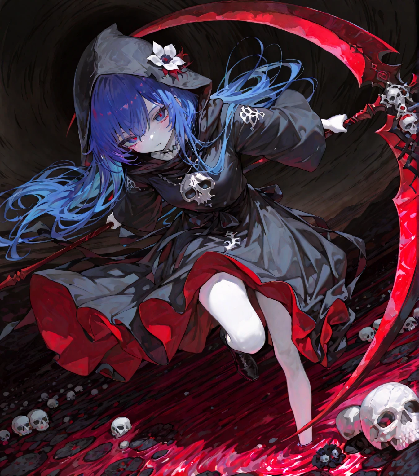 1girl,multicolored hair, clown, crazy, tears of blood, dark circles under eyes, cursed,(covered with blood, chains), covered with scars, (high resolution, high detail, best quality), pain, scream