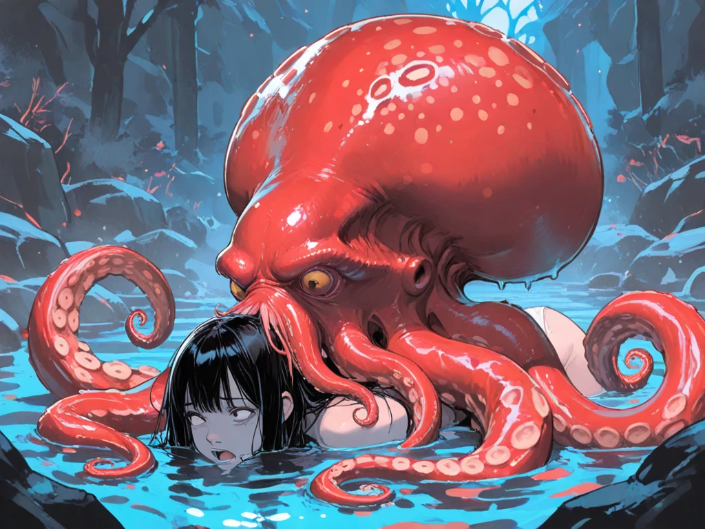The subject of the image is a naked man with short black hair and red eyes. While being violated by a machine, the man's mouth and anus are violated by mechanical tentacles and his body is suspended in the air. Machine Rape, Man, Focus is on a naked man, bound by several thick wire cords and suspended in the air. Dim lighting, mechanical tentacles running around, violating the man as if he were a living thing. Deep throat, penis, semen flowing from anus, anal, man being violated. Torn clothes, dripping mucus, and a thick machine cord in his mouth. Man's anus is violated by a thick mechanical tentacle.