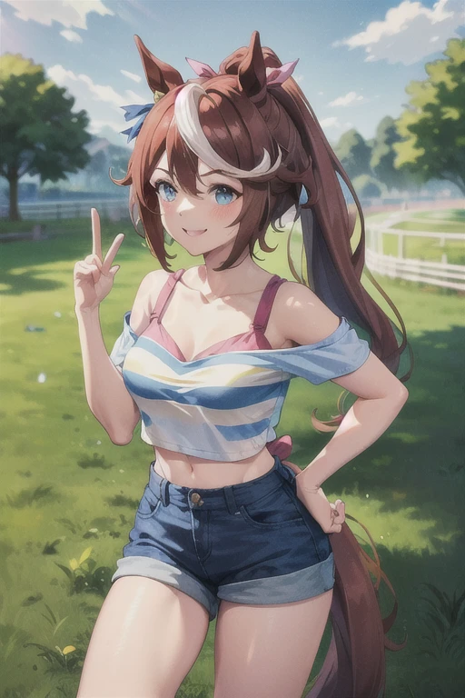 top-quality、Full limbs、complete fingers、1girl in、((one beautiful women、独奏))、beautiful big chest hair、poneyTail、brown haired、Race Queen Costume、((Blue and white top with logo:1.3))、Woman in blue and white mini skirt、white arm cover、Tricolor parasol、Woman wearing long white boots 1 Main circuit、Formula 1、F1、racing car))、Naughty Poses、A big smile