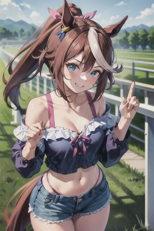 A special week\(umamusume\), Highly detailed face, masterpiece, Highest quality, A light smile, blush, wave hands, ((Highly detailed face)), Slender girl, whole body, (((White))),Horse tail, A light smile, Beautiful and clear eyes, (Mid-chest),(good),(Elaborately designed underwear),((Browsing Caution))(panties), (bra), (In underwear), (Flashy underwear), (lingerie),