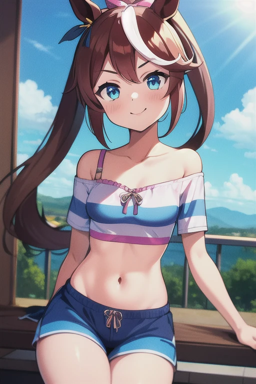 Tokai Teio \(Umamusume\), ((highly detailed eyes)), (((bikini))), masterpiece, highest quality, (abnormal body, small breasts, horse tail,smile, pool, whole body, frontage, (長いポニーテールmasterpiece), highest quality,highest quality,,horse ears,brown hair,look at the viewer,great backlight,lingerie,Blue Denim,hot pants,big,1 girl,face focus,lonely city center,,((NSFW)),