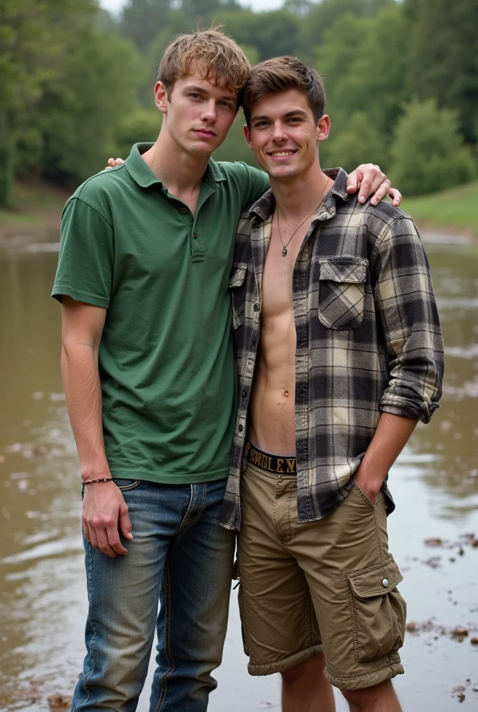 Two sweating muscular European teenage boy scouts on a river in the forest