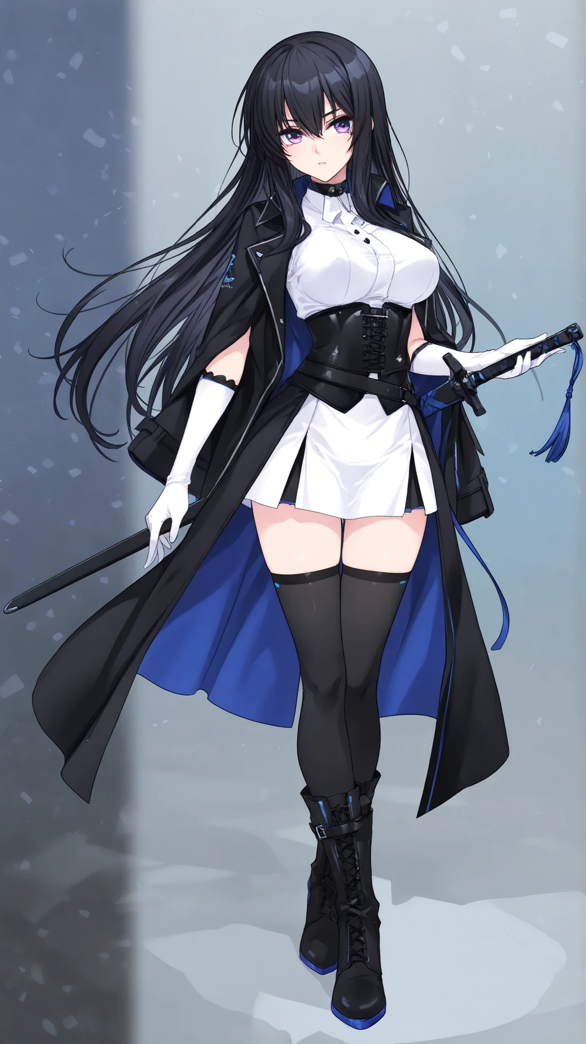(((pixel-perfect, detail-perfect))), solo, 1girl, ((long black hair with blue undertones)), light purple eyes, white sleveless shirt, black corset with blue designs, black thigh high socks, black coattail, boots, white long gloves, ambient battle background, low quality, anime, (regal), medium breasts, messy bangs, (full body), (sword with sheath behind waist)