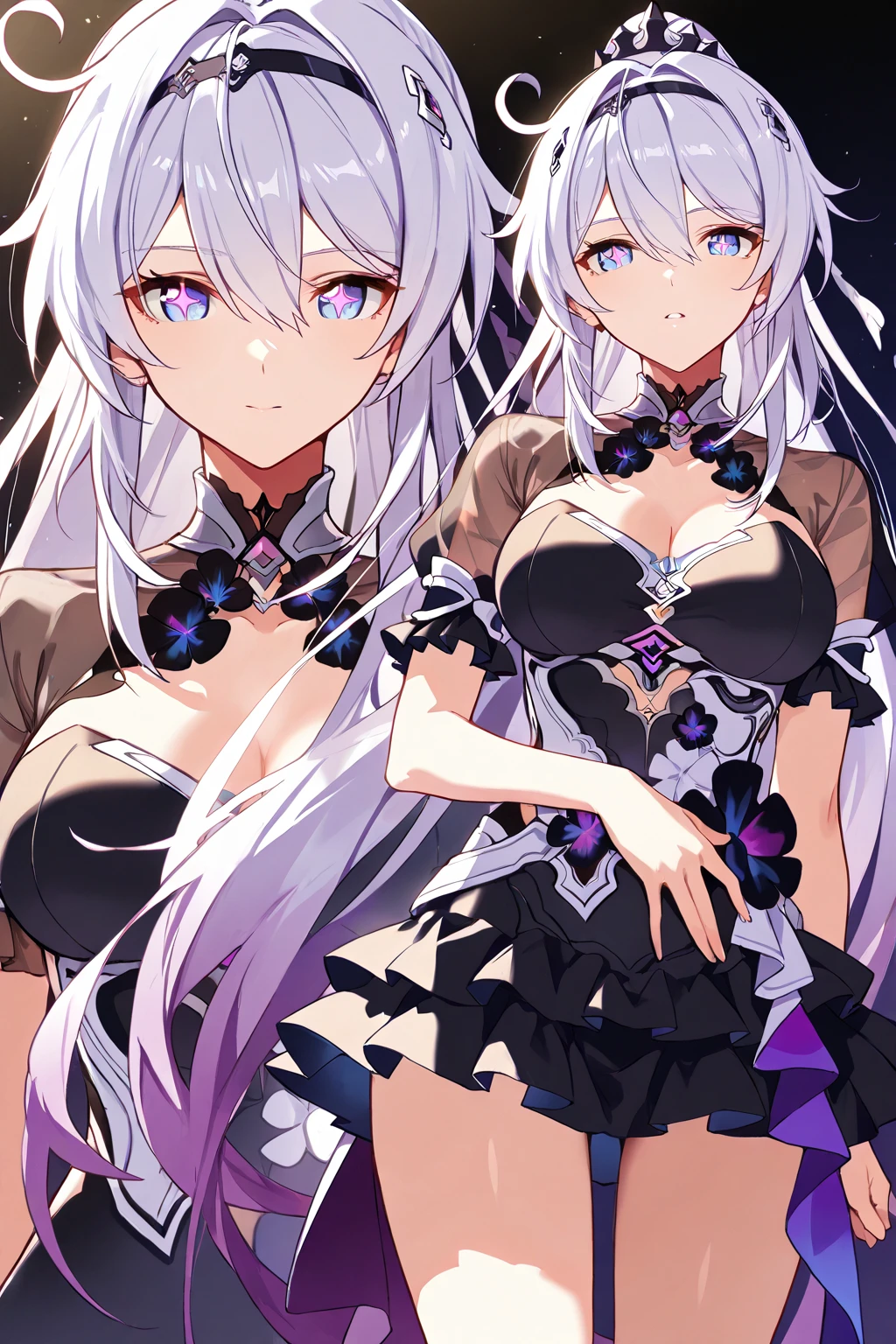 masterpiece, Highest quality, extremely detailed, detailed background, detailed face, One girl, Animal ears, alone, Long Hair, dress, tail, Holding, lanthanum, Cat ear, Long sleeve, black dress, View your viewers, cat tail, Animal earsの毛, Grey Hair, Holding lanthanum, Cat girl, Purple eyes, hair ornaments, Have, Both sides up, Frills, Heterochromia iridis, bangs, blue eyes, Mouth closed, wave hands, Purple Background, Hair between the eyes, bow