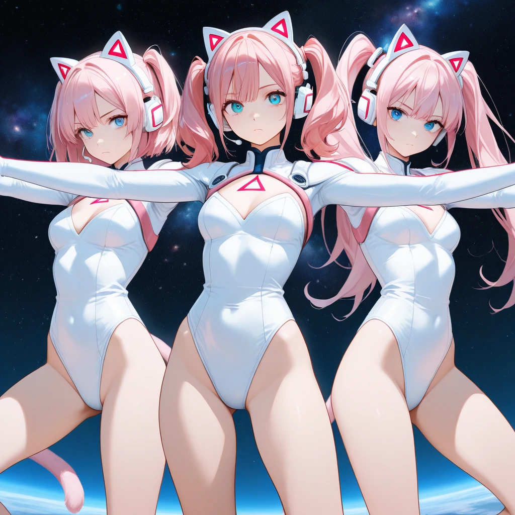 Two beautiful Asian furry girls with cat ear headphones and white silk thong bikinis making love on the surface of the moon with earth in the sky