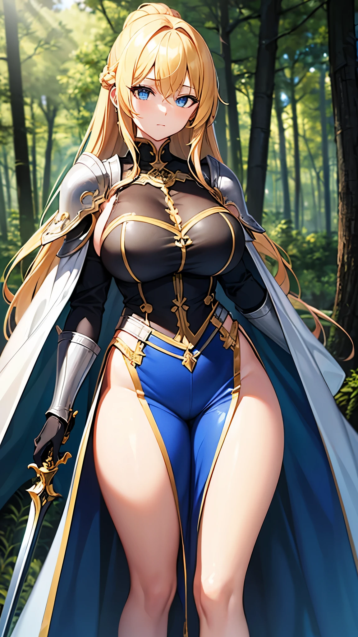1girl, blonde hair, shoulder armor, large breasts, thick thighs, blue eyes, long hair, blonde hair, hourglass figure, pantyhose, black pantyhose, smile, gloves, standing, ((standing)), forest, black headband, gold trim, cleavage