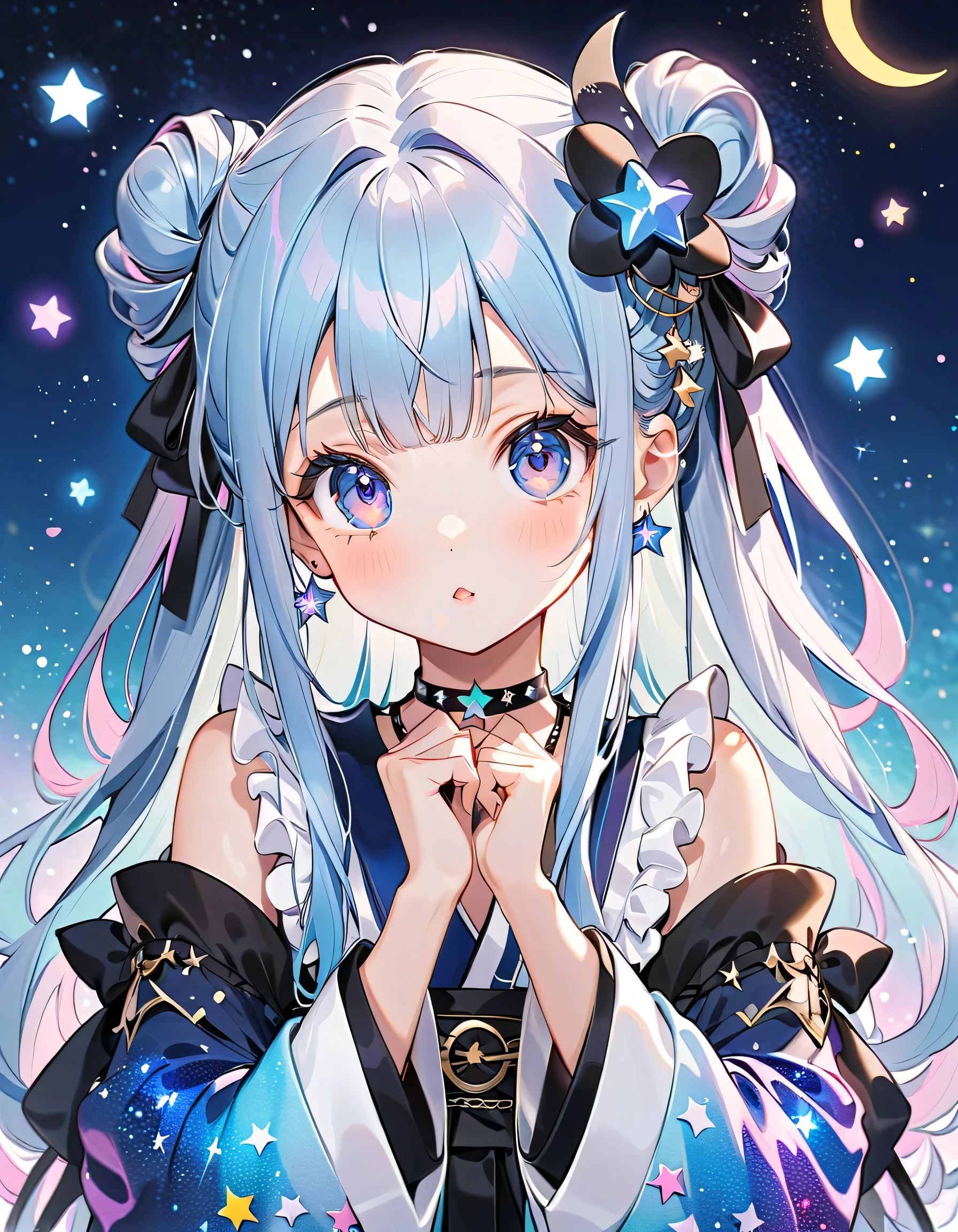with the best details、Highest Quality、Supreme Masterpiece、character design sheet、front、Diamonds、cute young girl with thin shoulders, (big eyes), best details, cute face, playful expression, Beautiful appearance,through bangs, ((Shiny milky white to light blue gradient hair)) ,Attention to beautiful details,((light blue and indigo color palette)), ((アクアneonカラー)), ((  Star Choker  )), ((襟に frills)),(((UNIQUE AND CUTE LONG HAIR、))) ((wear a colorful and cute gothic kimono costume)), ((Protruding shoulders, long wide cuffs)), ((fashion patterns that feel like outer space)), ((  Star Fairy)), ((wear a colorful and cute gothic kimono costume)), ribbon,  frills, and small, World's Cutest Girl, star background, best details , 虹とribbonの髪飾り, vtuber character design, neon, Shine, sparkle, Flower,  Crescent 、wolf cut hairstyle、