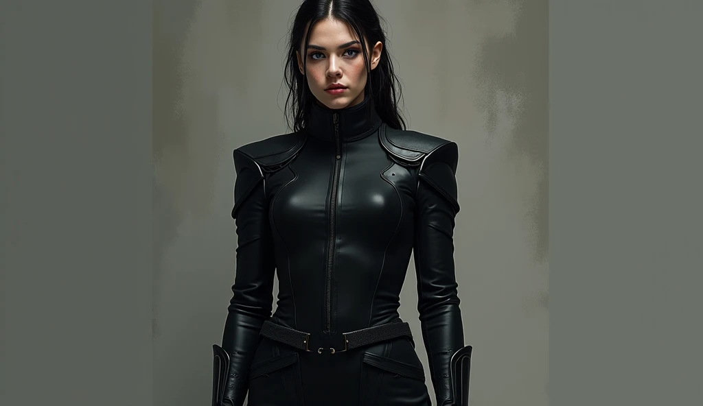 Alexandra Daddario usando armadura futurista preta e uma arma futurista, there is no top of a building on a green planet