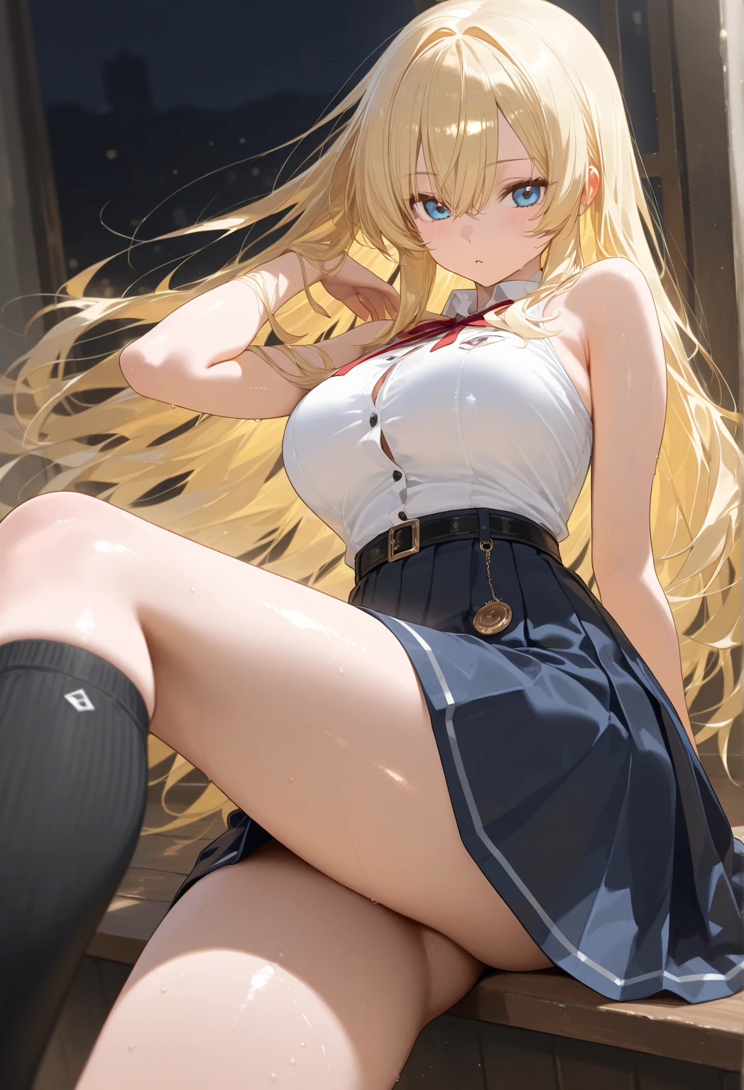 RAW photos，Thin leg，short  skirt，Surreal high school girl，full bodyesbian，8K，Highest image quality，超高分辨率，Facial details are perfect，true skin tone，Gentle expression，Front perspective，long whitr hair，Realistic effects，black pantyhoses，cropped shoulders,cleavage,Lifting skirt,Split,Dance student