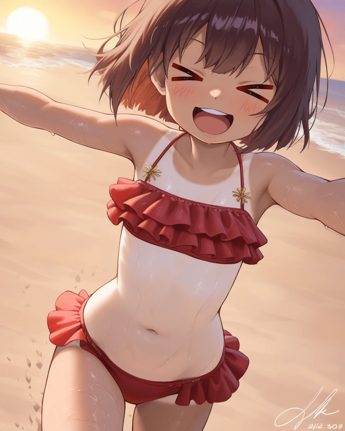 NSFW,(super fine illustration,8k cg wallpaper,highest quality,very detailed,ultra high resolution,best aesthetics,anime colored),(cowboy shot,From front),1girl,IdolMaster,((mirai kasuga)), (15yo,beautiful girl,cute girl),(delicate linestailed face), (short hair:1.2), (beautiful light brown hair:1.2), (shiny hair:1.2), (beautiful light brown eyes:1.2), (shiny eyes:1.2), (hair ribbon:1.2), (hair bow:1.2), (red bikini:1.4),(open clothes), (gleaming skin:1.4), (pubic hair:1.4), (bangs), (midium breasts), (sweat:1.4),(orgasm face), (O-face), (blush cheeks), (open mouths),(one eye closed),(out tongue),(deep blessing),(arched back), (vaginal penis:1.4), (a man), hetero, (girl sit astride on man:1.4), (girl on top), (lying:1.4), (on back:1.4), (from below:1.4), (girl spread legs:1.4), (intense Sex:1.7), (cum out:1.2), uninhabited island, beach, outdoor, mid summer, clear sky,