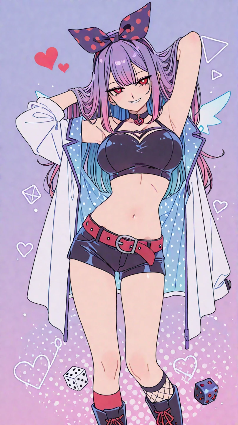 (masterpiece, highest quality), Bedroom, 1 girl, , , ,anatomically correct body, flat chest, (crop top), (unzipped shorts), (open fly), (kids printed panties), in a colorful Bedroom, lying in bed, smile, From above, morning, bright sunshine, white, Bright colors, watercolor