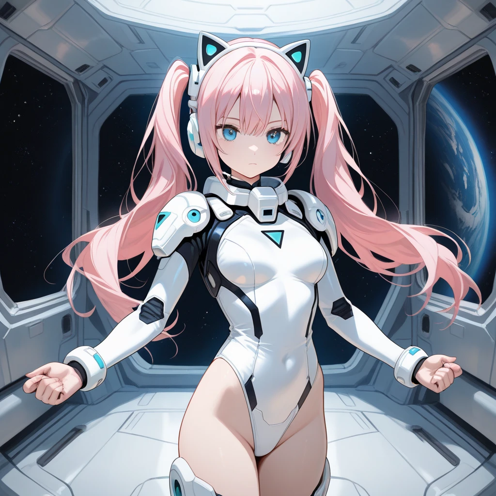 (masterpiece、highest quality、highest quality、Official Art、Beautiful and beautiful:1.2)、(One girl:1.3)Hatsune Miku、Twin tails,Beautiful breasts,((highest quality, masterpiece))(SF wind,:1.2)(Jis:1),One girl,alone,chest,Long Hair,blush,bangs,Science fiction background,whole body,Pink bodysuit,alone,bracelet,chest,Long Hair,View Viewer,bangs,Eyebrows visible through hair,Virtual YouTuber,(machinery headphones:1.2),(Machine Style:1.2),animal on head,Depth of written boundary,Incredibly absurd,Cinema Lighting,Tyndall effect,Moody lighting,reality,Cowboy Shot,headgear,Pink Hair,Fascinating,Mechanized Girl,Spaceship,(White bodysuit:1.2),head_mount_screen,Cat_ear_headphones,Outdoor,Combat Stance,Expressionless,1. Starfield,Gundam,In space,