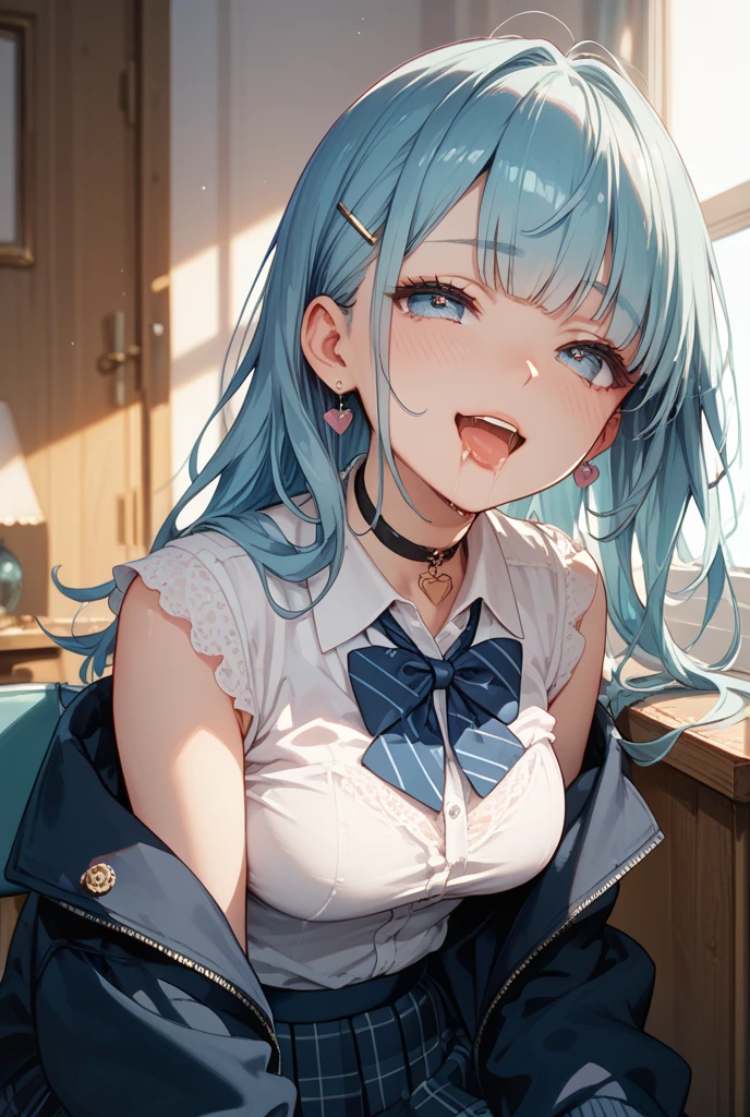 1girll, sitting down on the floor, Place your phone to your ear, Blowing hair, Long hair, blue color eyes,Shining eyes,Detailed eyes,Skirt, Solo, upper legs, Sailor school uniform, navel, Pleated skirt, midriff, Blue eyes, White shirt, Collar, Smile, Medium breasts, view the viewer, Open mouth,,Large breasts,