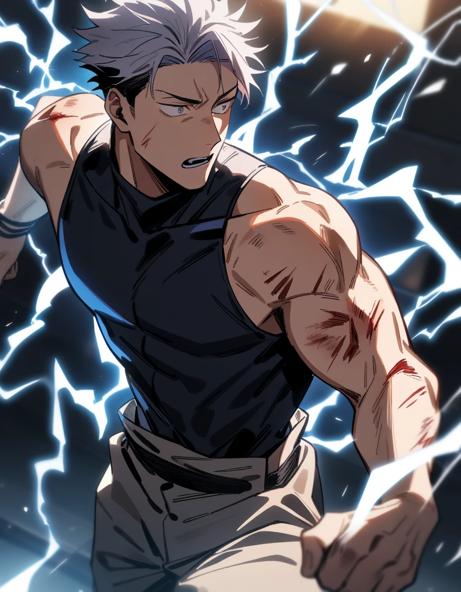 1boy, male focus, injury, electricity,, masterpiece, best quality, very aesthetic, absurdres