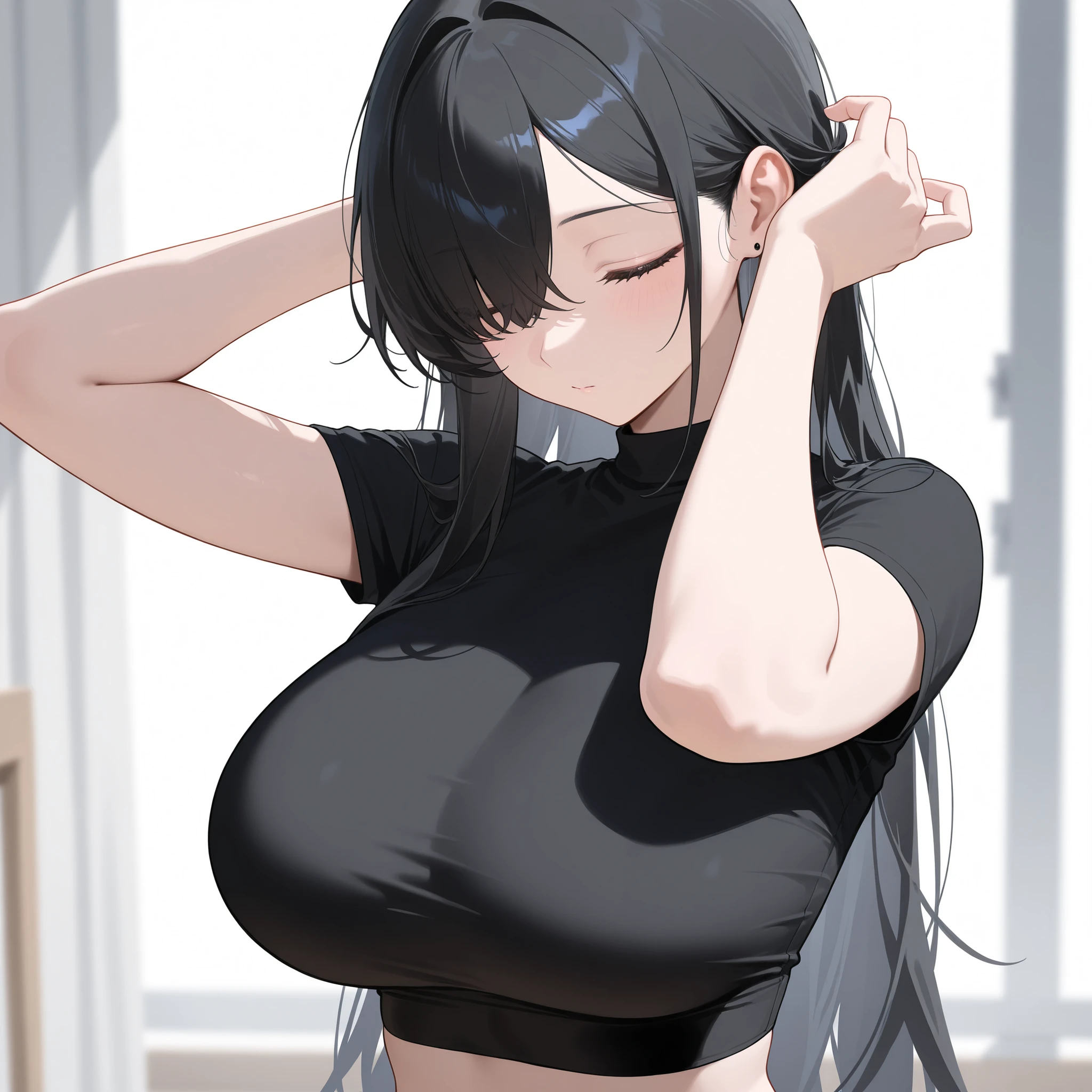 Amazing portrait of a sexy woman with a beautiful face emphasised by amazing makeup and black hair and seductive eyes in an intense gaze with her mouth parted and a deep blush on her face as she's flustered wearing an off shoulder t shirt