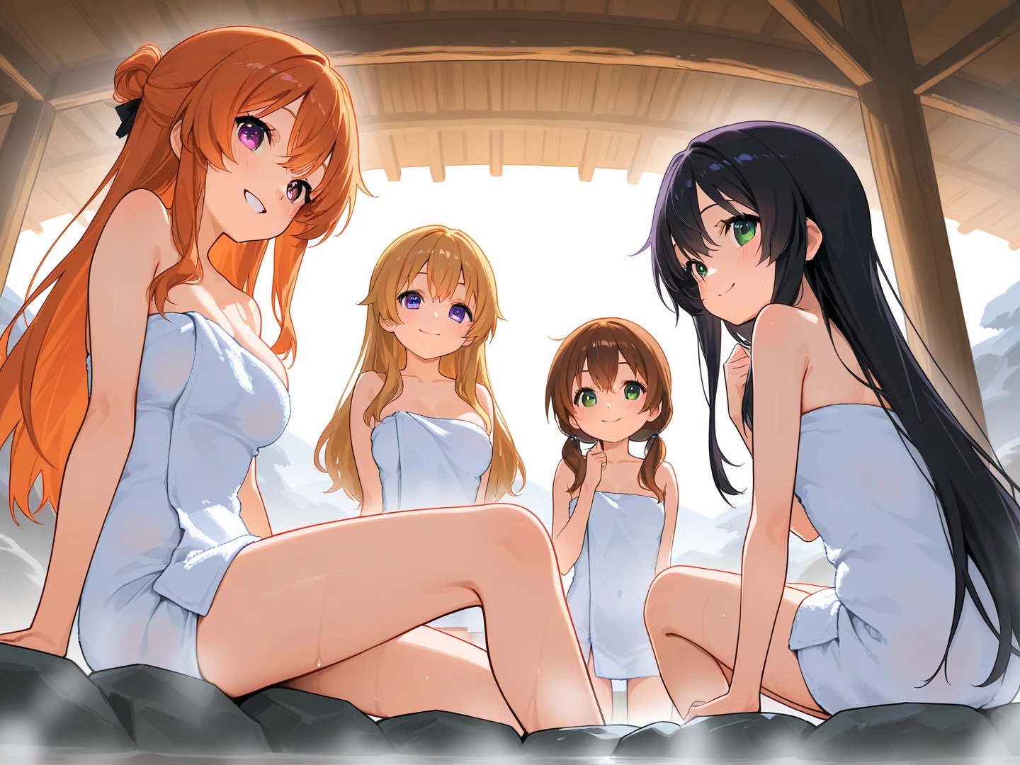dynamic angle, top quality, best quality, High-quality illustrations, masterpiece, super high resolution, detailed background, detailed faces, detailed, detailed bodies, Romeo and Juliet, group shot:0.1, 6+girls, naked, forest
