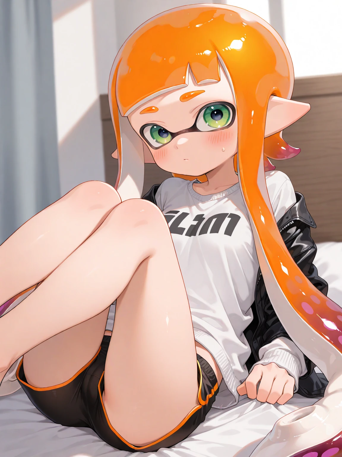 penshezs,1girl,bike shorts,headphones,inkling girl,jewelry,long hair,pointy ears,shirt,solo,cameltoe, fat mons pubis, tall, camisole
