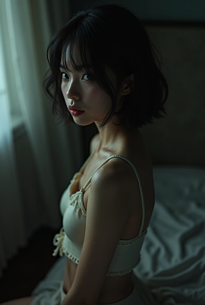 ((my face is very sad)), ((Straddling)), "black Lingerie dress" ((Bob Hairstyle)), (Malaysia female), age 15 years old, 8K, photottorialism, show big thigh.