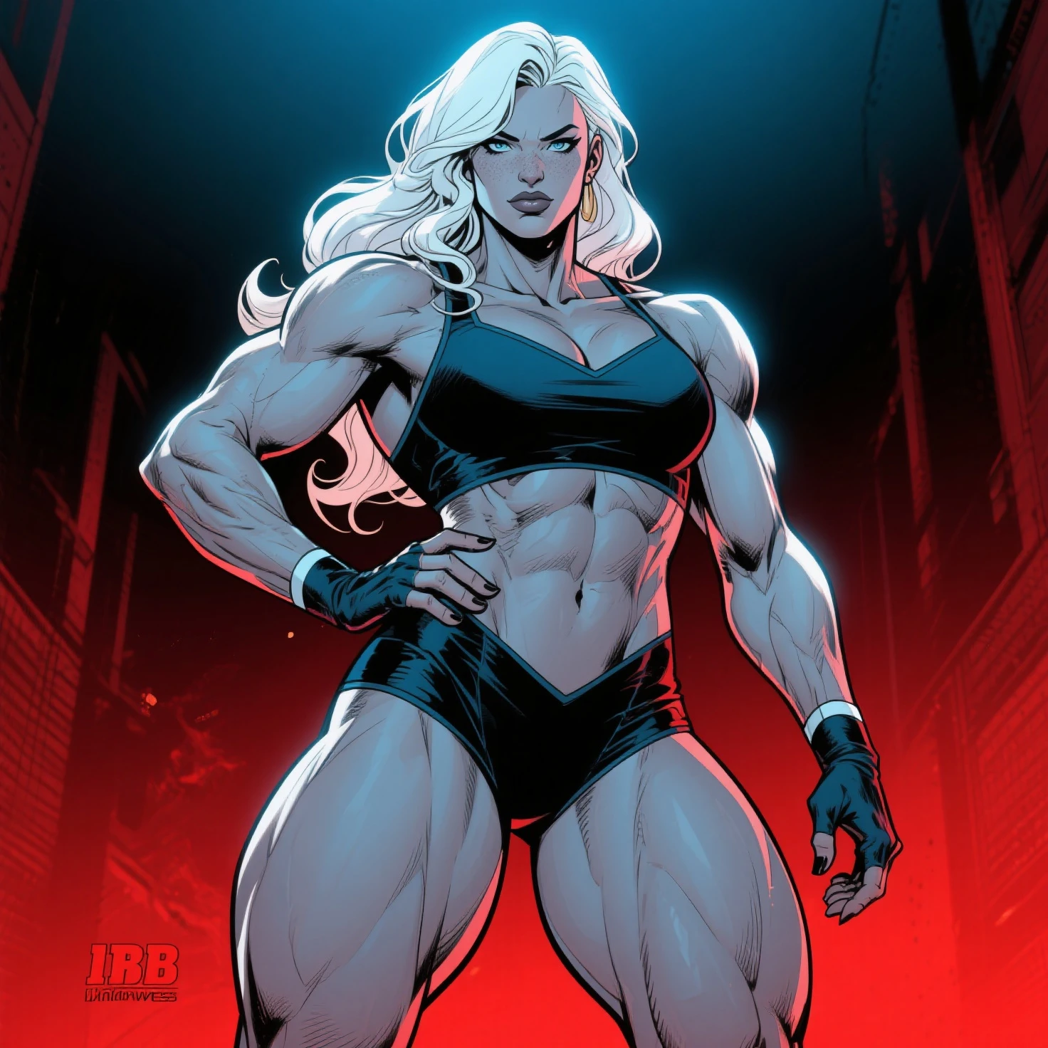 (((mulher))), (((melhor qualidade))), (((obra prima))), (((adulto))), (((1girl))), ((( corte de cabelo bob ))), Uma gladiadora cyberpunk mulher de 25 anos com corpo perfeito, shoulder pads with metal spines, Gladiadores do Brooklyn, (( corte de cabelo bob )), tiny leather panties, camiseta de time de rugby rasgada, quase nua no estilo selvagem urbano de Simon Bisley para a capa da revista Heavy Metal, Cabelo loiro curto, Minimum clothing, Metal protection on the left arm with intricate graphics, Dark red with white stars and white and navy blue checkerboard pattern, armadura, cheio de pontas e rebites, (((do joelho pra cima))), cabelos loiro branco curto, no fundo uma parede pintada por Shepard Fairey com um design intrincado