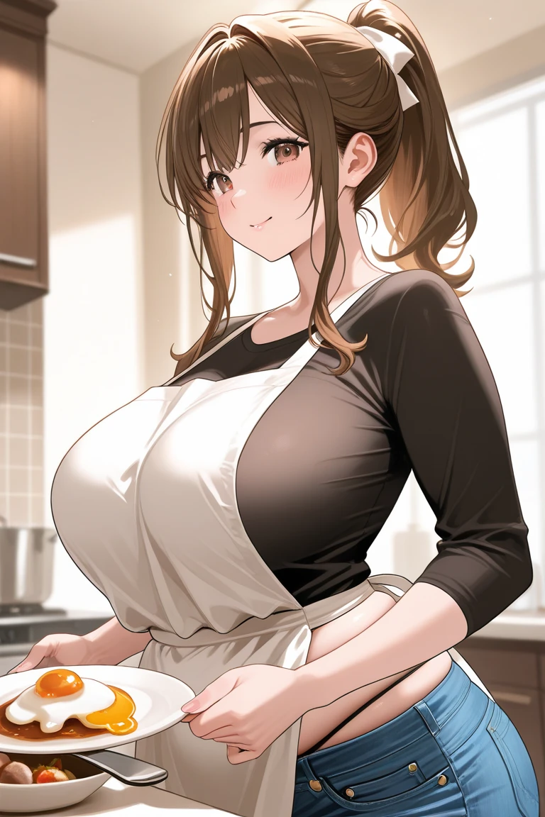 1 Adult female,Japanese, (Age 25), ((Naked with an apron)),White skin,View your viewers,Brown eyes,Alluring, In the kitchen,((Troubled face)), blush, Big Breasts, Look to the side,
