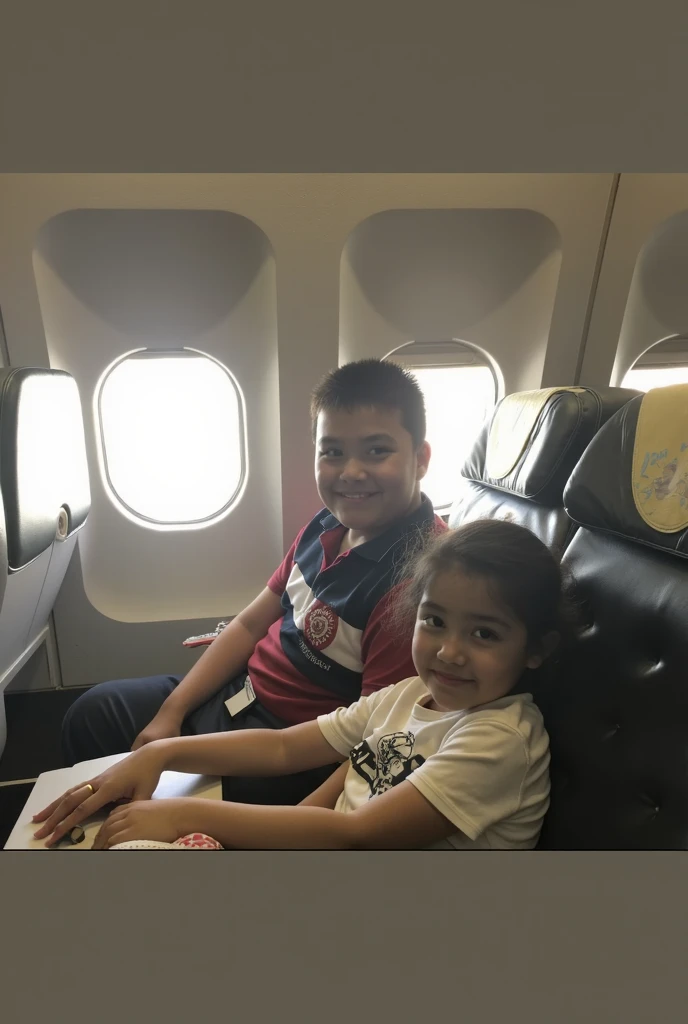 Two kids flying an aeroplane 
