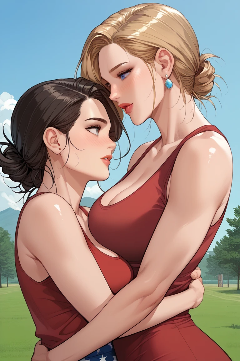 ((Highest quality, 8K, Masterpiece:1.3)), beautiful woman, slender figure, toned abs, confusing, two women having fun by the pool, brown hair, highly detailed face, detailed lips, detailed eyes, double eyelids, obscene:1,0, perverted:1,0, lesbian kaoru:1,1, grabbing each other's asses, kissing, blushing, ((wet t-shirt)), (shorts), anatomically very accurate, masterpiece, swimsuit