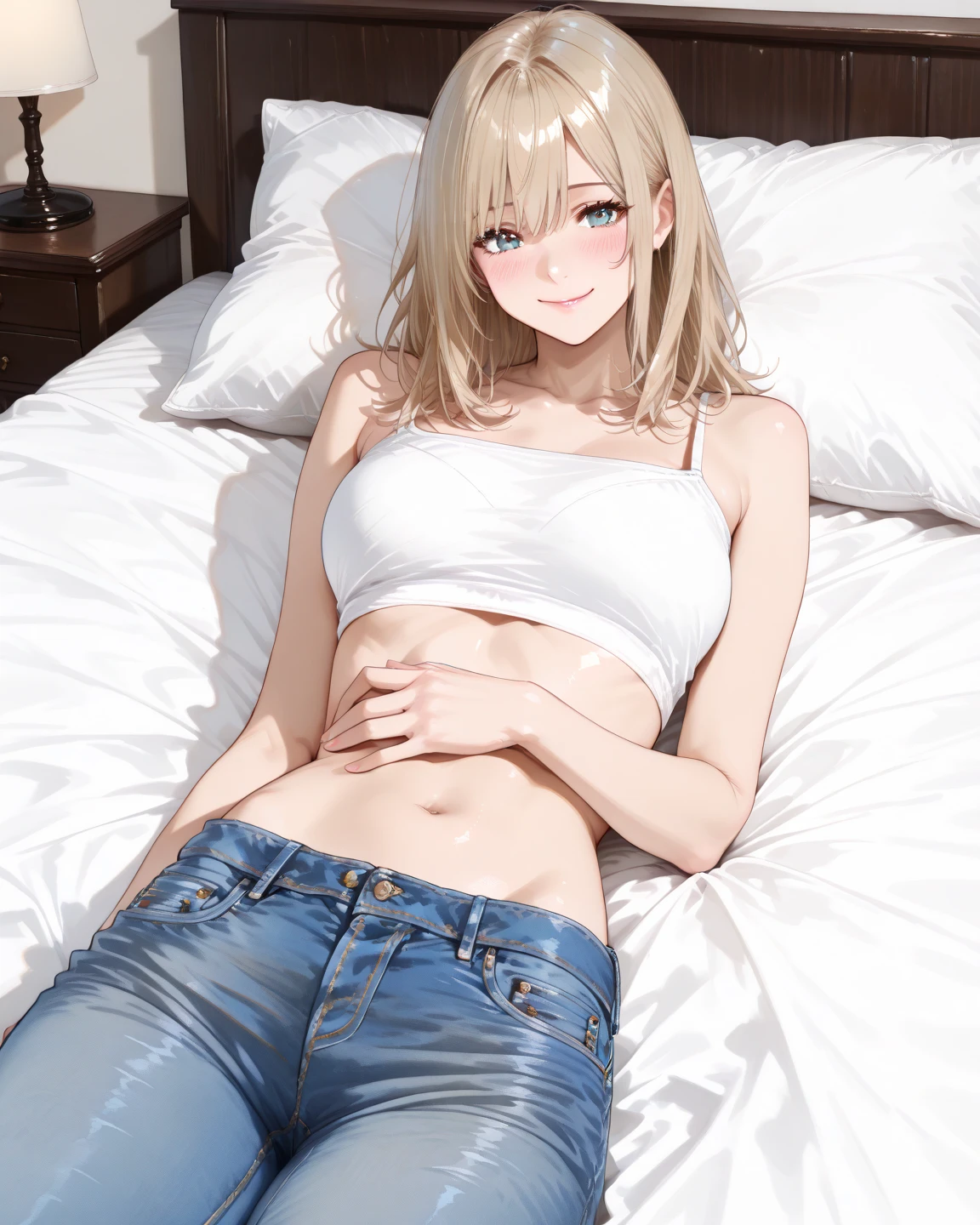 ((masutepiece)), ((Best Quality)), (Very detailed), Real from Thailand,8K,pixiv top quality,Potato,((Low side tail))、a blond、(Bring out your forehead:1.2)、Very long hair、Amae Face、Relax Smile,Open mouth, Cute,
Bedroom at night、Grey backless camisole、Red shorts、 Teenage, medium boobs,
on the beds、(natta:1.3)